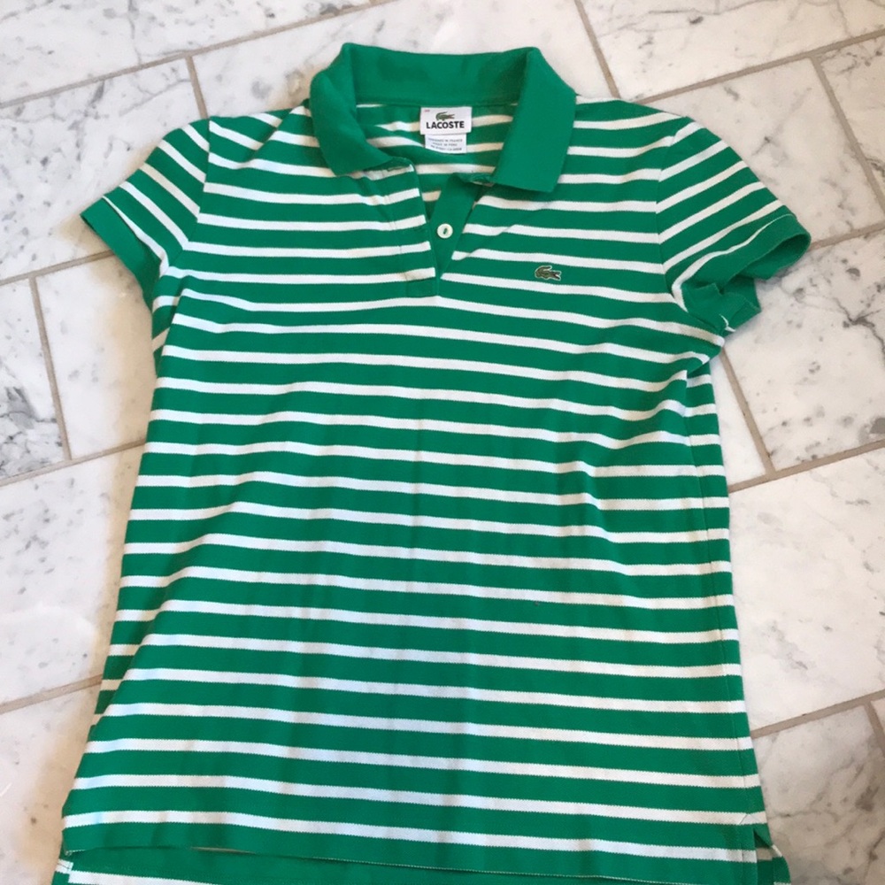Green and white striped Lacoste polo
